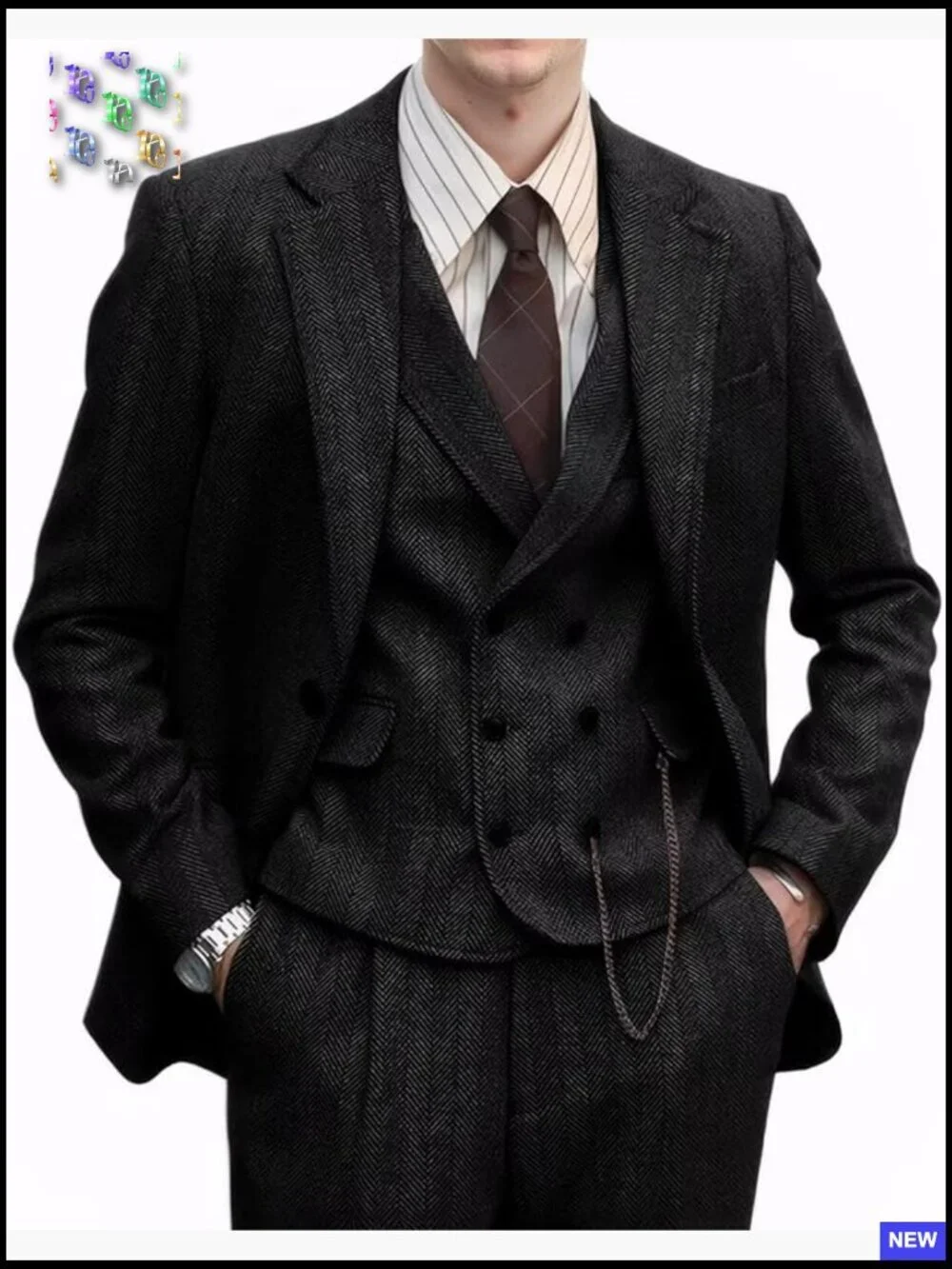 Three Piece Tweed Herringbone Suit Set Formal Wool Jacket Vest Pants Classic